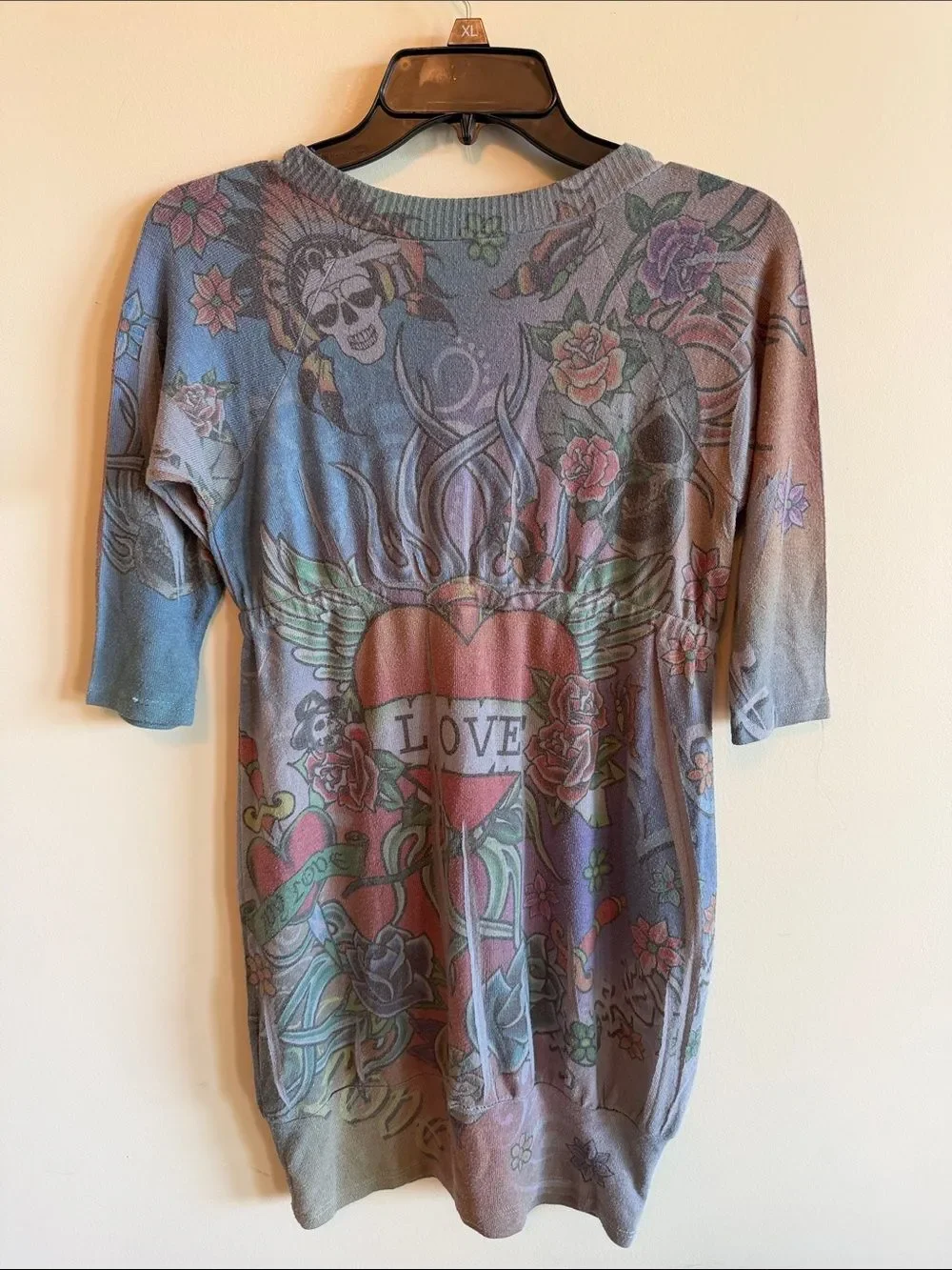 julie's closet Pink & Gray Tattoo-Print V-Neck Empire Tunic Top